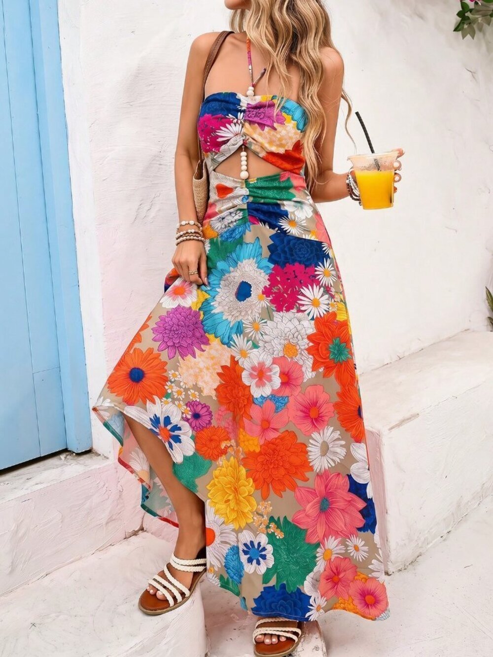 Multicolor Boho Women's Vacation floral Printed Halter Neck Dress - Picture 7 of 7